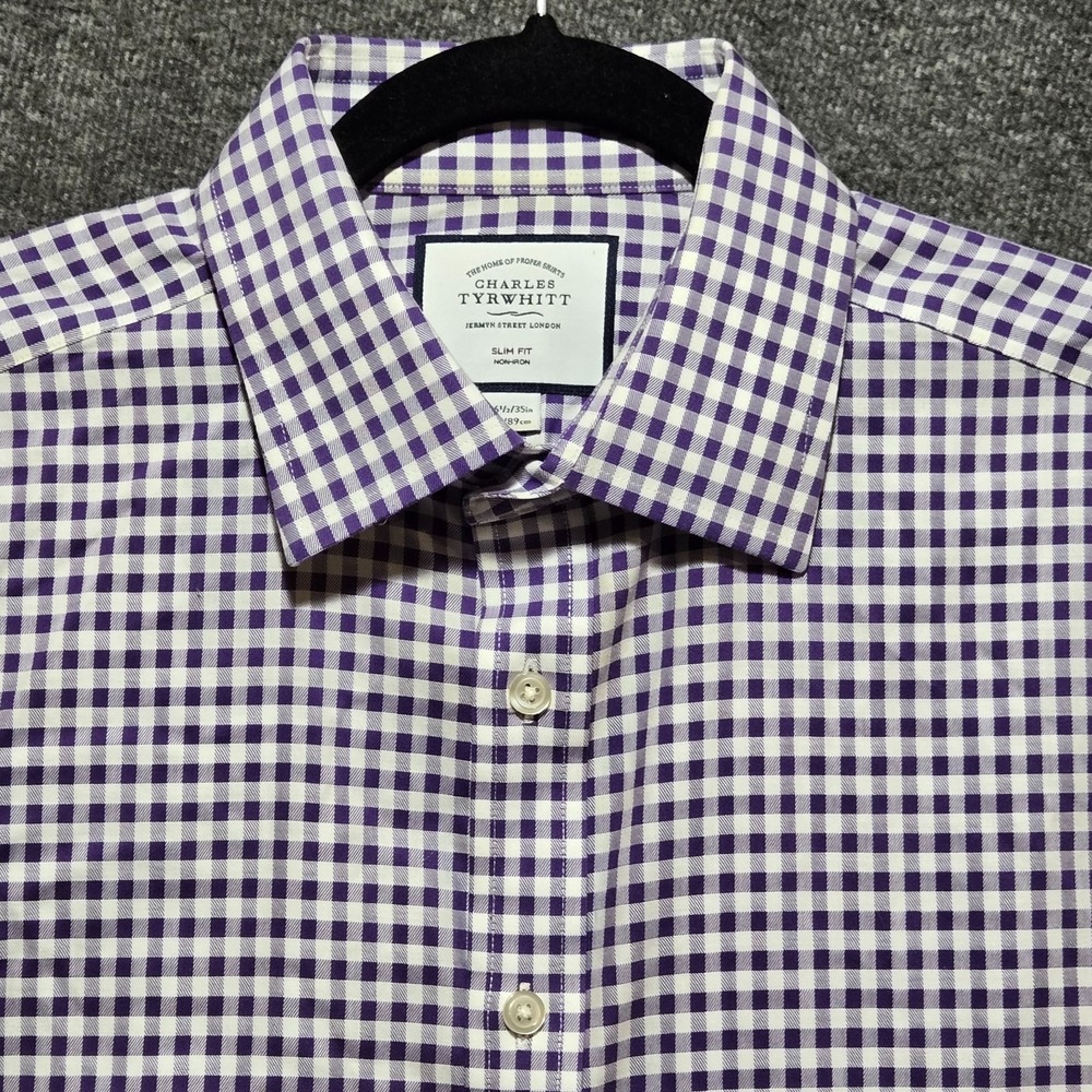 Charles Tyrwhitt Shirt Mens 16.5 / 35 White Purple Gingham Slim Fit Non-Iron